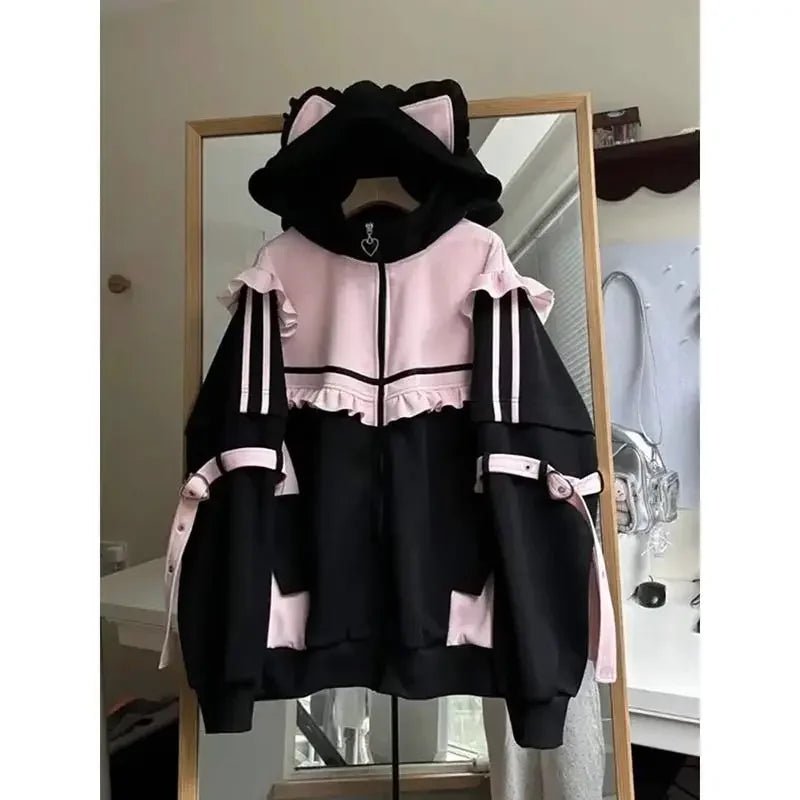 Japanese Sweet Coats Y2K Clothing Hoodie Women Tops Autumn and Winter Color Match Splicing with Thick Velvet Cardigan Jackets - SS69
