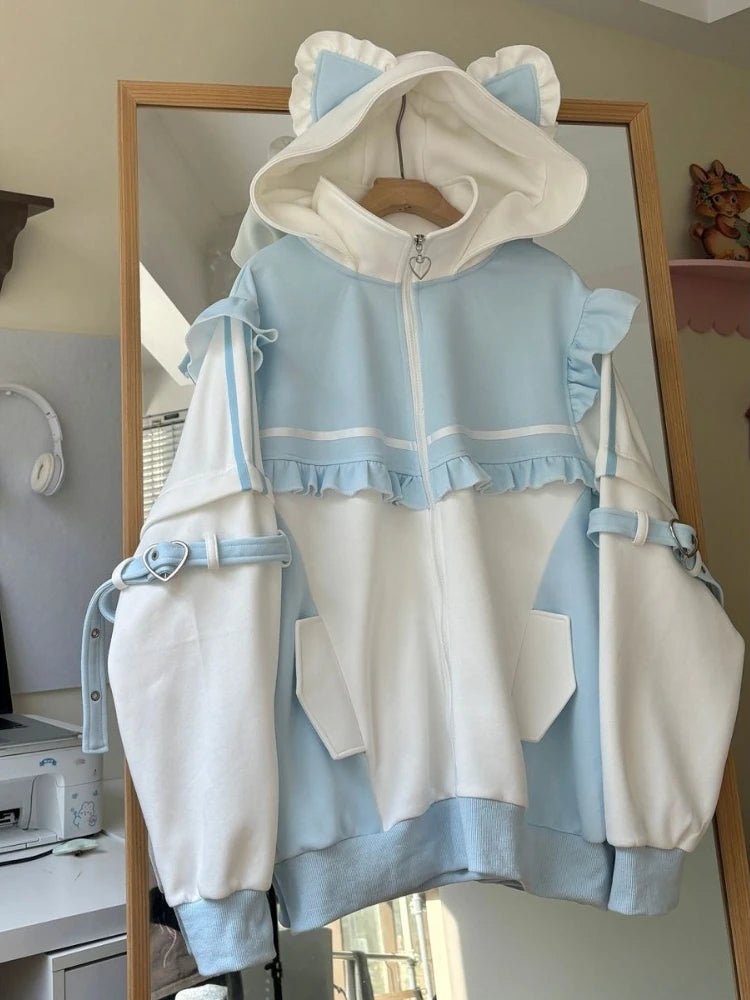 Japanese Sweet Coats Y2K Clothing Hoodie Women Tops Autumn and Winter Color Match Splicing with Thick Velvet Cardigan Jackets - SS69