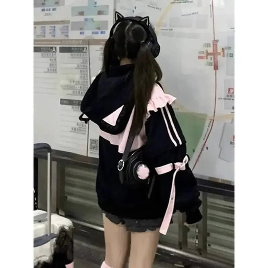 Japanese Sweet Coats Y2K Clothing Hoodie Women Tops Autumn and Winter Color Match Splicing with Thick Velvet Cardigan Jackets - SS69