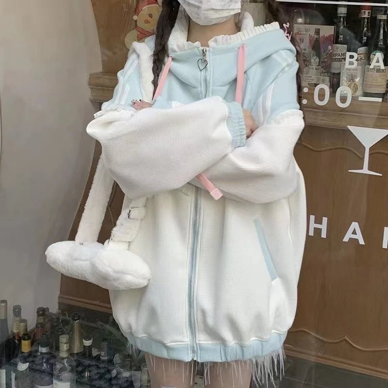 Japanese Sweet Coats Y2K Clothing Hoodie Women Tops Autumn and Winter Color Match Splicing with Thick Velvet Cardigan Jackets - SS69