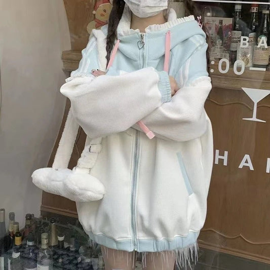 Japanese Sweet Coats Y2K Clothing Hoodie Women Tops Autumn and Winter Color Match Splicing with Thick Velvet Cardigan Jackets - SS69