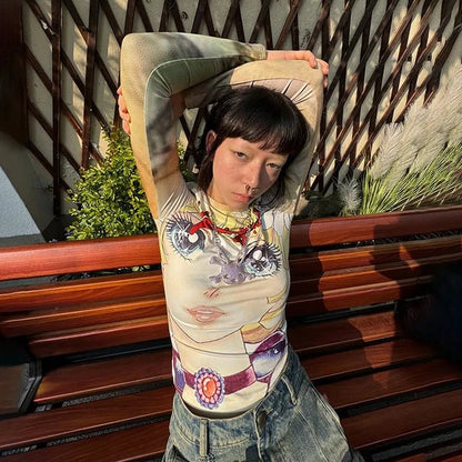 Karrram Japanese Y2k Anime Print T-shirt 2000s Aesthetics Long Sleeve Tee Shirt Vintage Harajuku Slim Tops Kawaii Lolita T Shirt - SS69