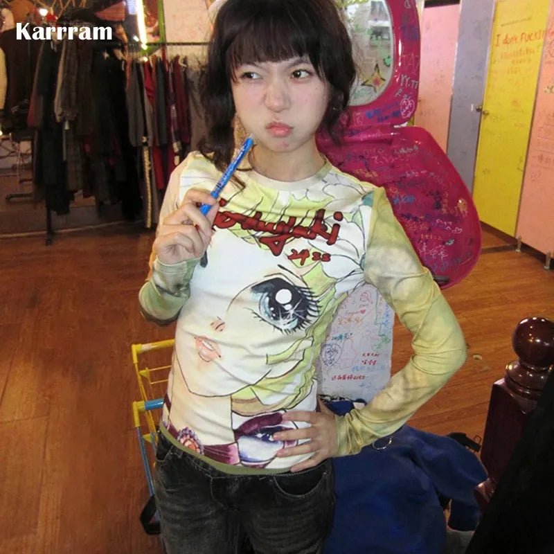 Karrram Japanese Y2k Anime Print T-shirt 2000s Aesthetics Long Sleeve Tee Shirt Vintage Harajuku Slim Tops Kawaii Lolita T Shirt - SS69