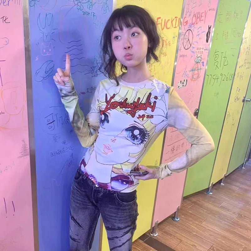Karrram Japanese Y2k Anime Print T-shirt 2000s Aesthetics Long Sleeve Tee Shirt Vintage Harajuku Slim Tops Kawaii Lolita T Shirt - SS69