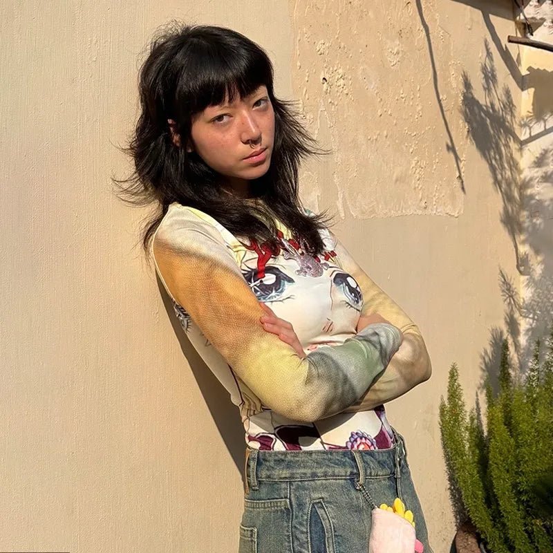 Karrram Japanese Y2k Anime Print T-shirt 2000s Aesthetics Long Sleeve Tee Shirt Vintage Harajuku Slim Tops Kawaii Lolita T Shirt - SS69