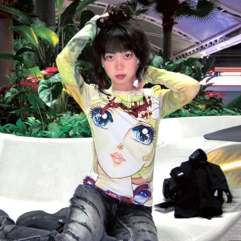 Karrram Japanese Y2k Anime Print T-shirt 2000s Aesthetics Long Sleeve Tee Shirt Vintage Harajuku Slim Tops Kawaii Lolita T Shirt - SS69