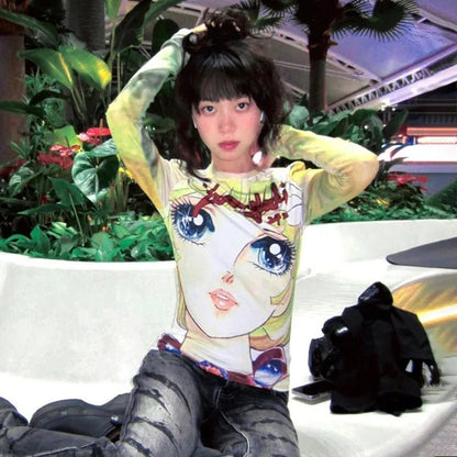 Karrram Japanese Y2k Anime Print T-shirt 2000s Aesthetics Long Sleeve Tee Shirt Vintage Harajuku Slim Tops Kawaii Lolita T Shirt - SS69