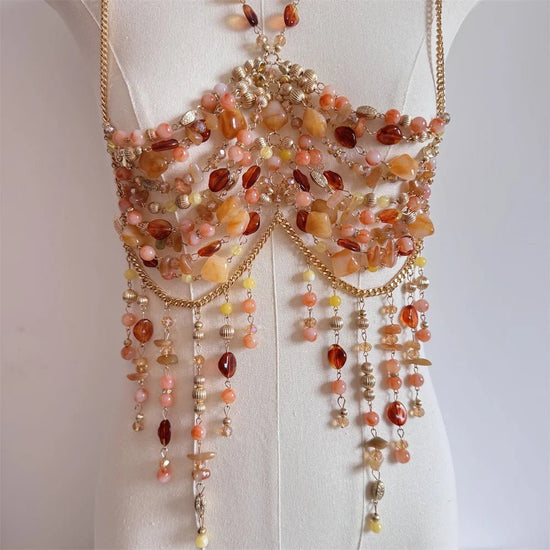 Ladies Body Chain Beading Camisole Vest Hollow Out Top Body Jewelry Exaggerated Pearl Neck Bustier Fashion Bra Women Club Rave - SS69