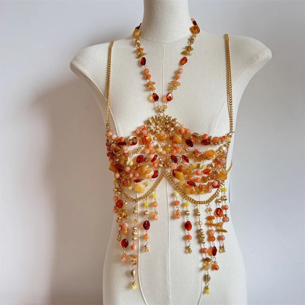 Ladies Body Chain Beading Camisole Vest Hollow Out Top Body Jewelry Exaggerated Pearl Neck Bustier Fashion Bra Women Club Rave - SS69