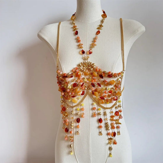 Ladies Body Chain Beading Camisole Vest Hollow Out Top Body Jewelry Exaggerated Pearl Neck Bustier Fashion Bra Women Club Rave - SS69