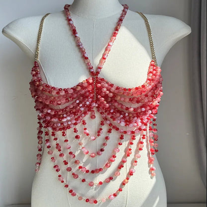 Ladies Body Chain Beading Camisole Vest Hollow Out Top Body Jewelry Exaggerated Pearl Neck Bustier Fashion Bra Women Club Rave - SS69