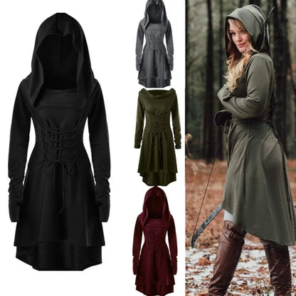 Medieval Cosplay Renaissance Archer Costumes Hooded Robe Lace Up Pullover Long Hoodie Dress Cloak Halloween Party - SS69