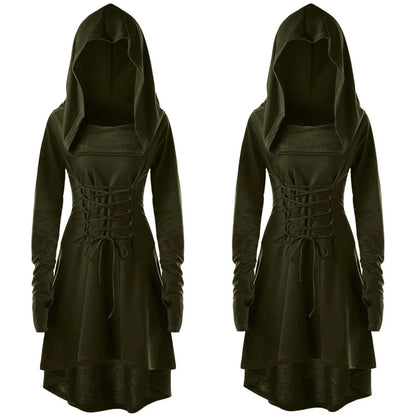 Medieval Cosplay Renaissance Archer Costumes Hooded Robe Lace Up Pullover Long Hoodie Dress Cloak Halloween Party - SS69