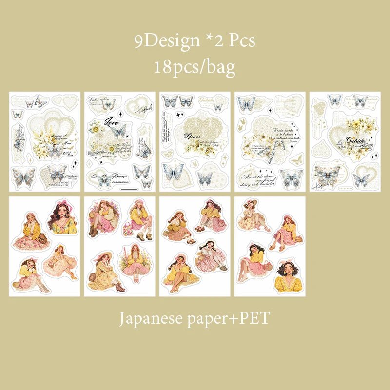 Mr. Paper 6Style 18Pcs/bag Lace Dual Material Cut Film Sticker Book for DIY Handbook Calendar Envelope Card Scrapbook Decoration - SS69