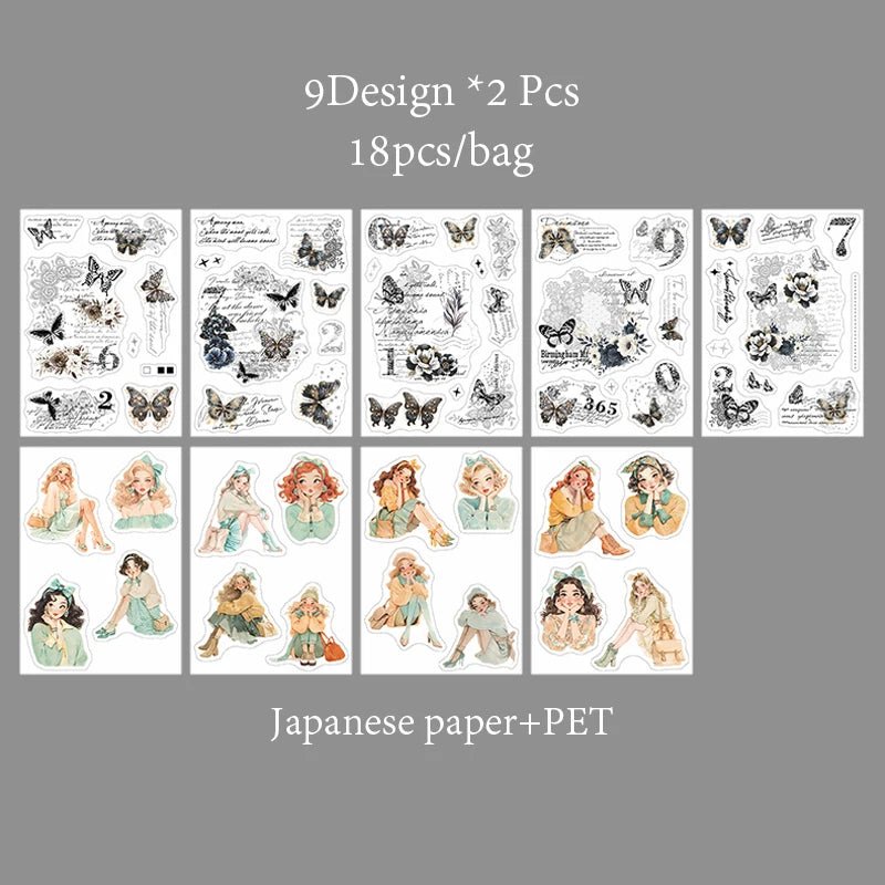 Mr. Paper 6Style 18Pcs/bag Lace Dual Material Cut Film Sticker Book for DIY Handbook Calendar Envelope Card Scrapbook Decoration - SS69