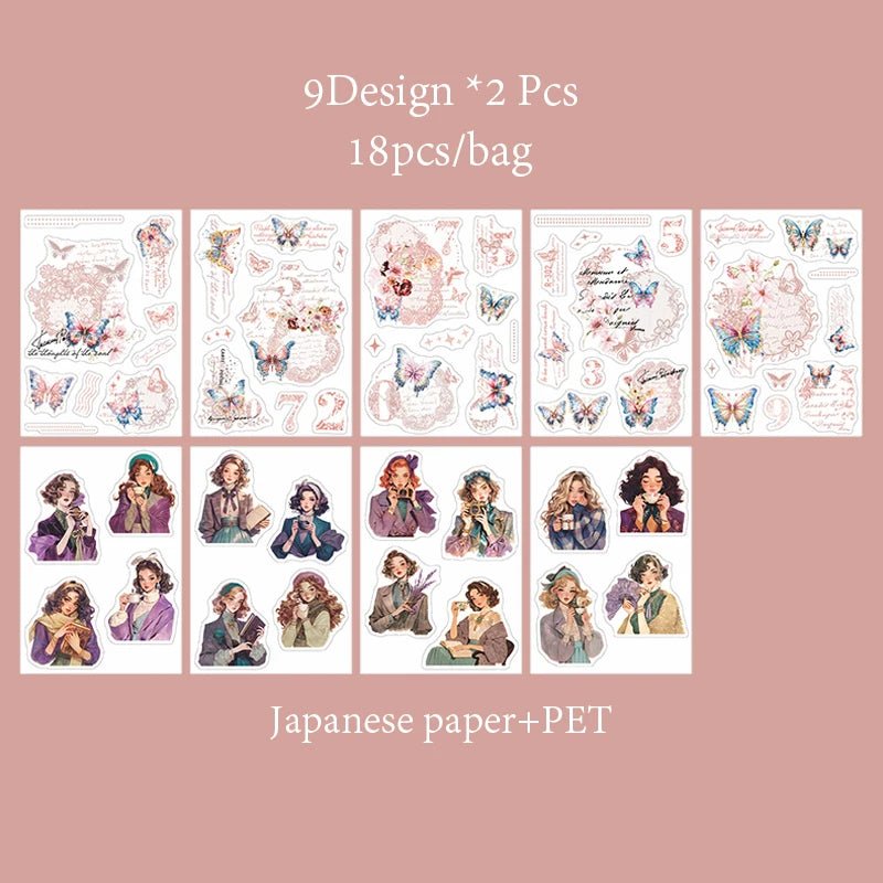 Mr. Paper 6Style 18Pcs/bag Lace Dual Material Cut Film Sticker Book for DIY Handbook Calendar Envelope Card Scrapbook Decoration - SS69