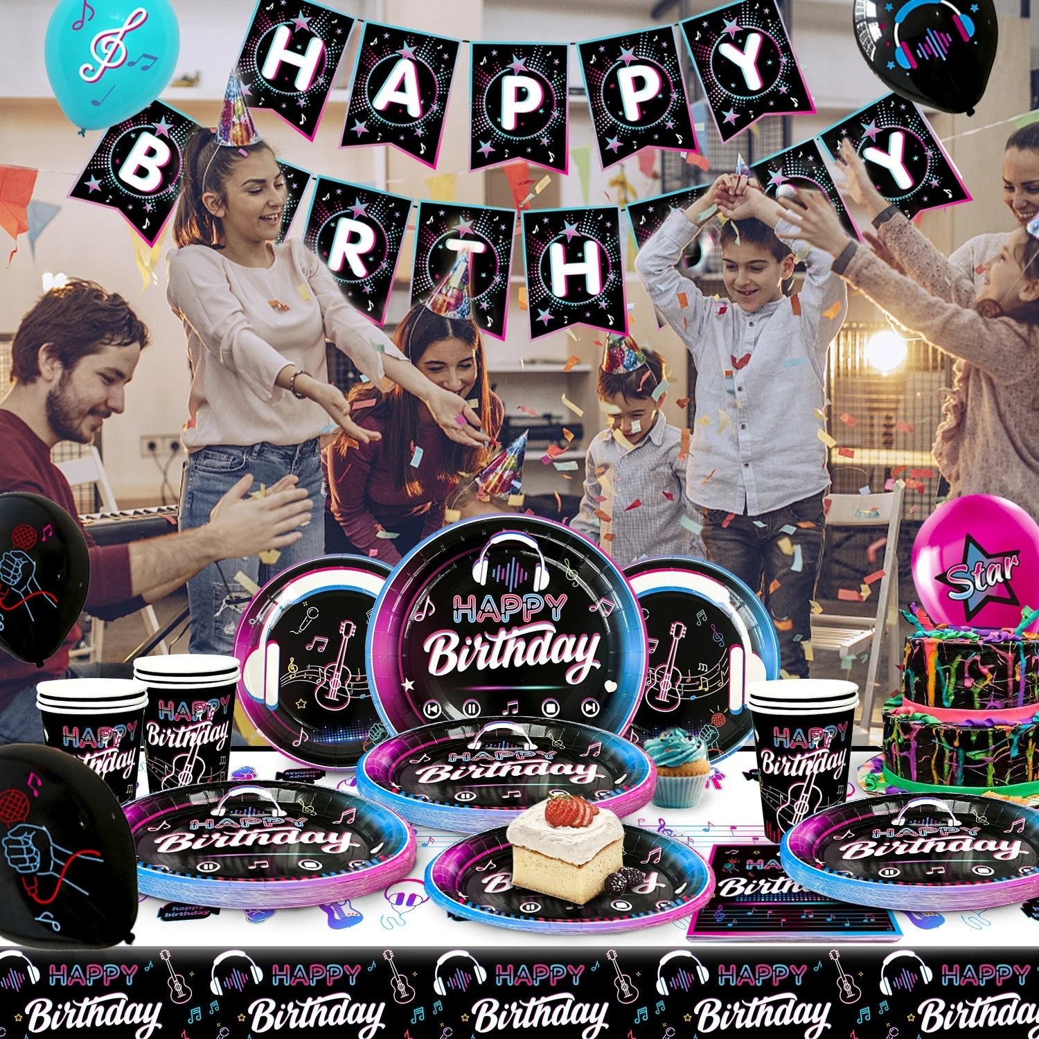 Music Party Decorations,77pcs Music Birthday Party Decorations Tableware Set - Music Balloons Banner Tablecloth Plates Cups - SS69