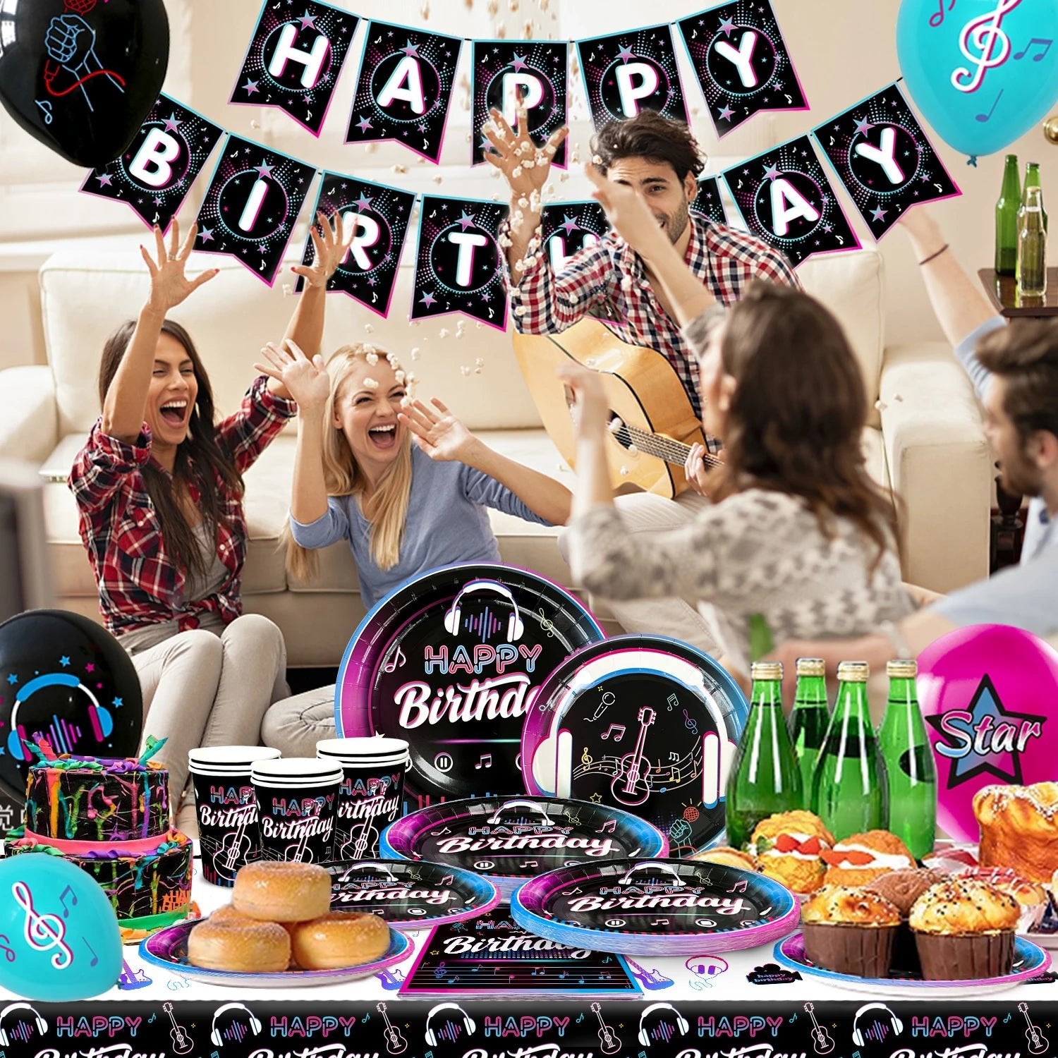Music Party Decorations,77pcs Music Birthday Party Decorations Tableware Set - Music Balloons Banner Tablecloth Plates Cups - SS69
