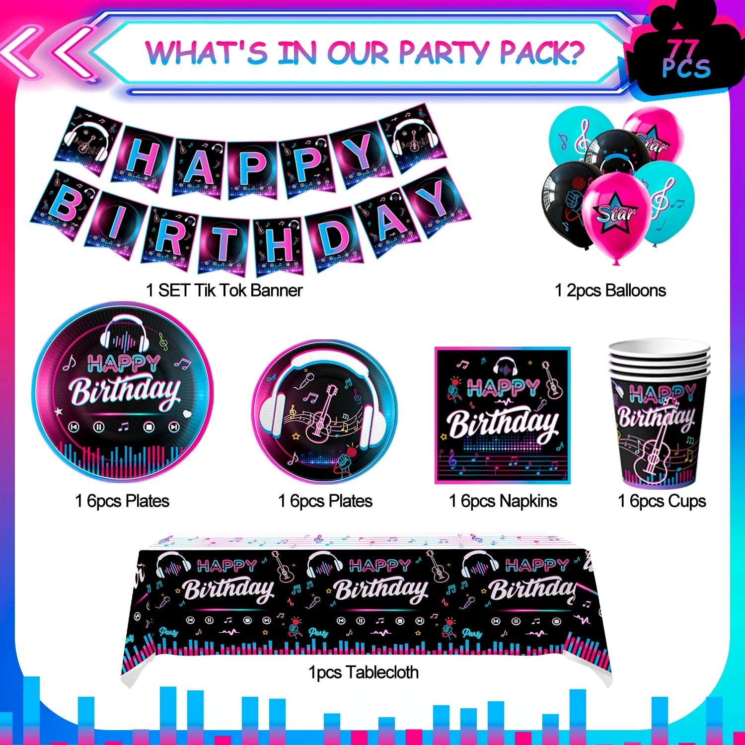 Music Party Decorations,77pcs Music Birthday Party Decorations Tableware Set - Music Balloons Banner Tablecloth Plates Cups - SS69