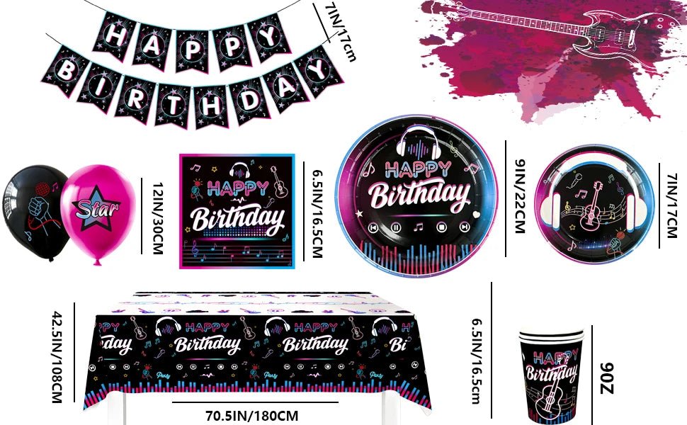 Music Party Decorations,77pcs Music Birthday Party Decorations Tableware Set - Music Balloons Banner Tablecloth Plates Cups - SS69