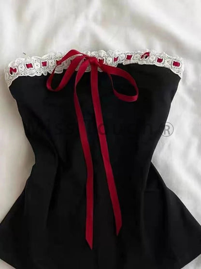 New Fashion Sweet Vintage Tops Girl Black Lace Tube Slim Sexy Style Vest Japanese Pure Desire Spice Chic Ins Clothes Summer 2025 - SS69