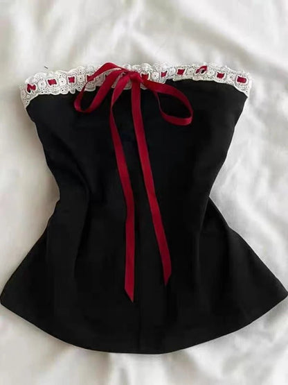 New Fashion Sweet Vintage Tops Girl Black Lace Tube Slim Sexy Style Vest Japanese Pure Desire Spice Chic Ins Clothes Summer 2025 - SS69
