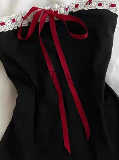 New Fashion Sweet Vintage Tops Girl Black Lace Tube Slim Sexy Style Vest Japanese Pure Desire Spice Chic Ins Clothes Summer 2025 - SS69