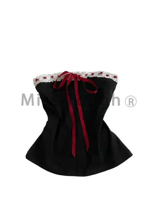 New Fashion Sweet Vintage Tops Girl Black Lace Tube Slim Sexy Style Vest Japanese Pure Desire Spice Chic Ins Clothes Summer 2025 - SS69