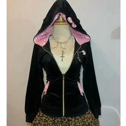 New Y2K Pink Leopard Print Pullover Women Harajuku Retro Bow Sticker Zipper Hoodie Punk Fashion Trend Sports Slim Hoodie Tops - SS69