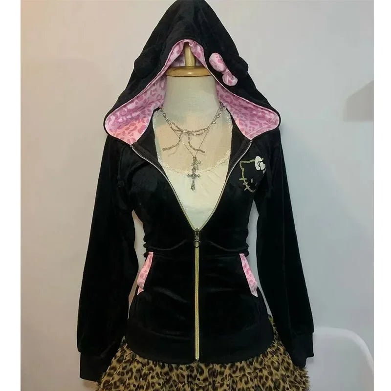 New Y2K Pink Leopard Print Pullover Women Harajuku Retro Bow Sticker Zipper Hoodie Punk Fashion Trend Sports Slim Hoodie Tops - SS69