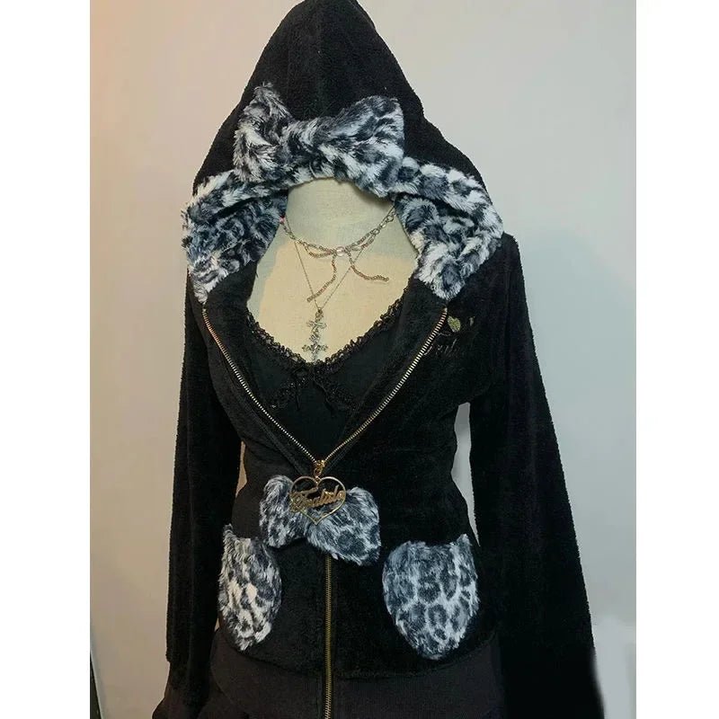 New Y2K Pink Leopard Print Pullover Women Harajuku Retro Bow Sticker Zipper Hoodie Punk Fashion Trend Sports Slim Hoodie Tops - SS69