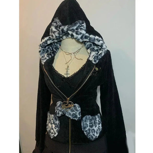 New Y2K Pink Leopard Print Pullover Women Harajuku Retro Bow Sticker Zipper Hoodie Punk Fashion Trend Sports Slim Hoodie Tops - SS69