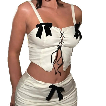 Off Shoulder Corset Top Woman Bow Ties Cut Out White Crop Top Women Sleeveless Backless Tube Tops Summer Sexy Short Tops y2k top - SS69