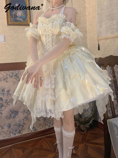 Original Lolita Ballet Fishbone Princess Dress New Spring and Summer Girl Women's Cute Sling Corset Top and Skirt Set - SS69