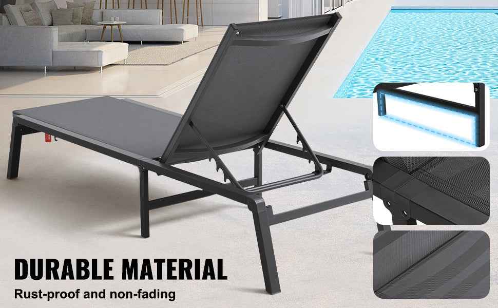 SucceBuy Chaise Lounge Chair Outdoor Aluminum Patio LoungeFolding Pool Lounge Recliner Full Flat for Patio Beach Pool Dark Grey