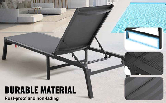 SucceBuy Chaise Lounge Chair Outdoor Aluminum Patio LoungeFolding Pool Lounge Recliner Full Flat for Patio Beach Pool Dark Grey