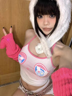 Pink Teddy Bear Print Y2k Aesthetic Halter Camisole Summer Spice Girl Sexy Crop Top Fashion All Match Niche Cute Core Y2k Tops - SS69