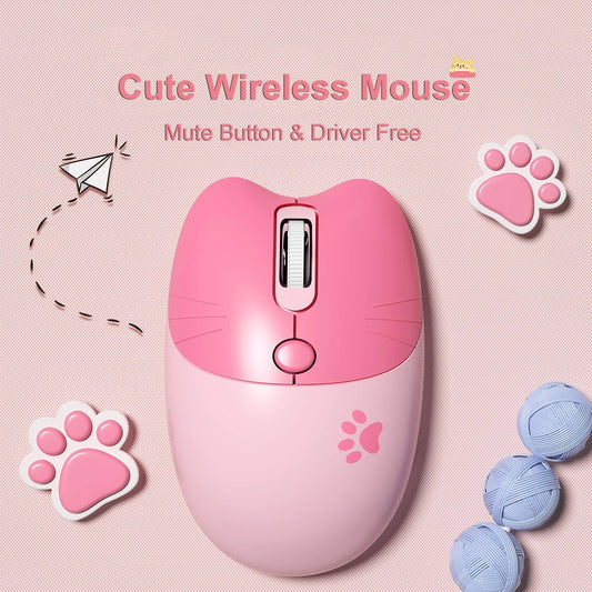 Pink Wireless Cute Meow Mouse Cartoon Silent Optical Ergonomic 1600DPI Mause Computer USB Gamer Mice For Laptop PC Gifts - SS69
