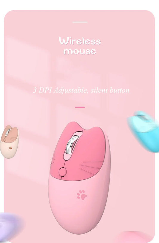 Pink Wireless Cute Meow Mouse Cartoon Silent Optical Ergonomic 1600DPI Mause Computer USB Gamer Mice For Laptop PC Gifts - SS69