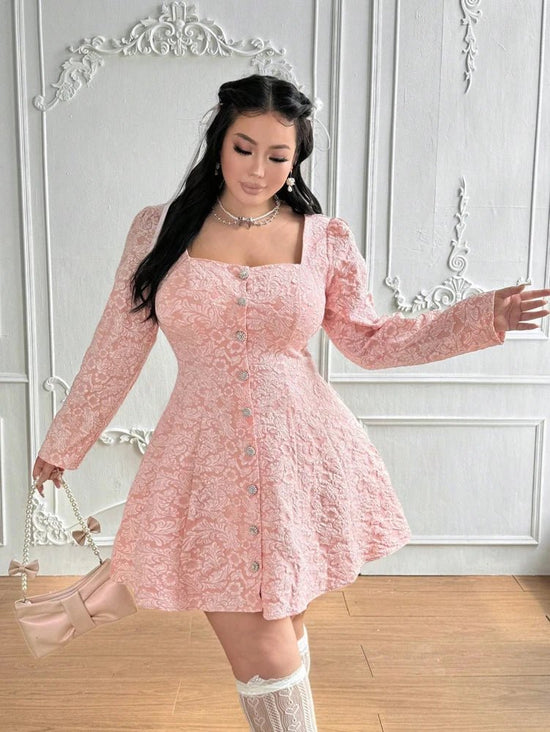 Plus Size Women's Long Skirt, Boatneck, Puff Sleeves, Button Front, Elegant Sweetheart Polyester 2025 New! - SS69