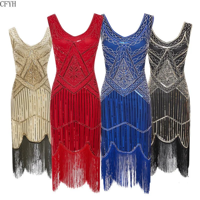 Plus Size XS - 4XL Women's 1920s Vintage Sequin Full Fringed Deco Inspired Flapper Dress Roaring 20s Great Gatsby Dress Vestidos - SS69