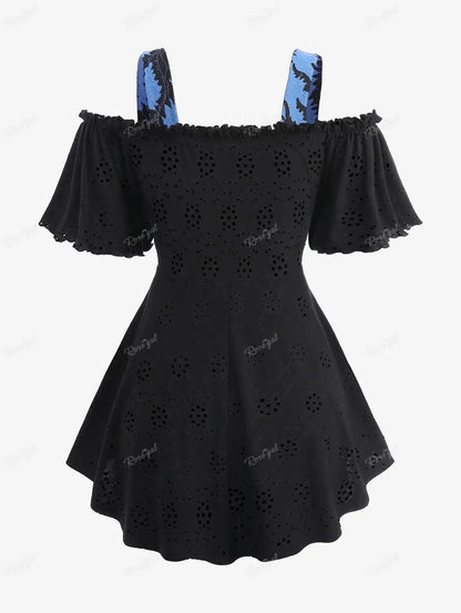 ROSEGAL Plus Size Cold Shoulder T-shirts Women's Patchwork Lace Up Floral Jacquard Laser Cut Layered Top Casual Hollow Out Tees - SS69