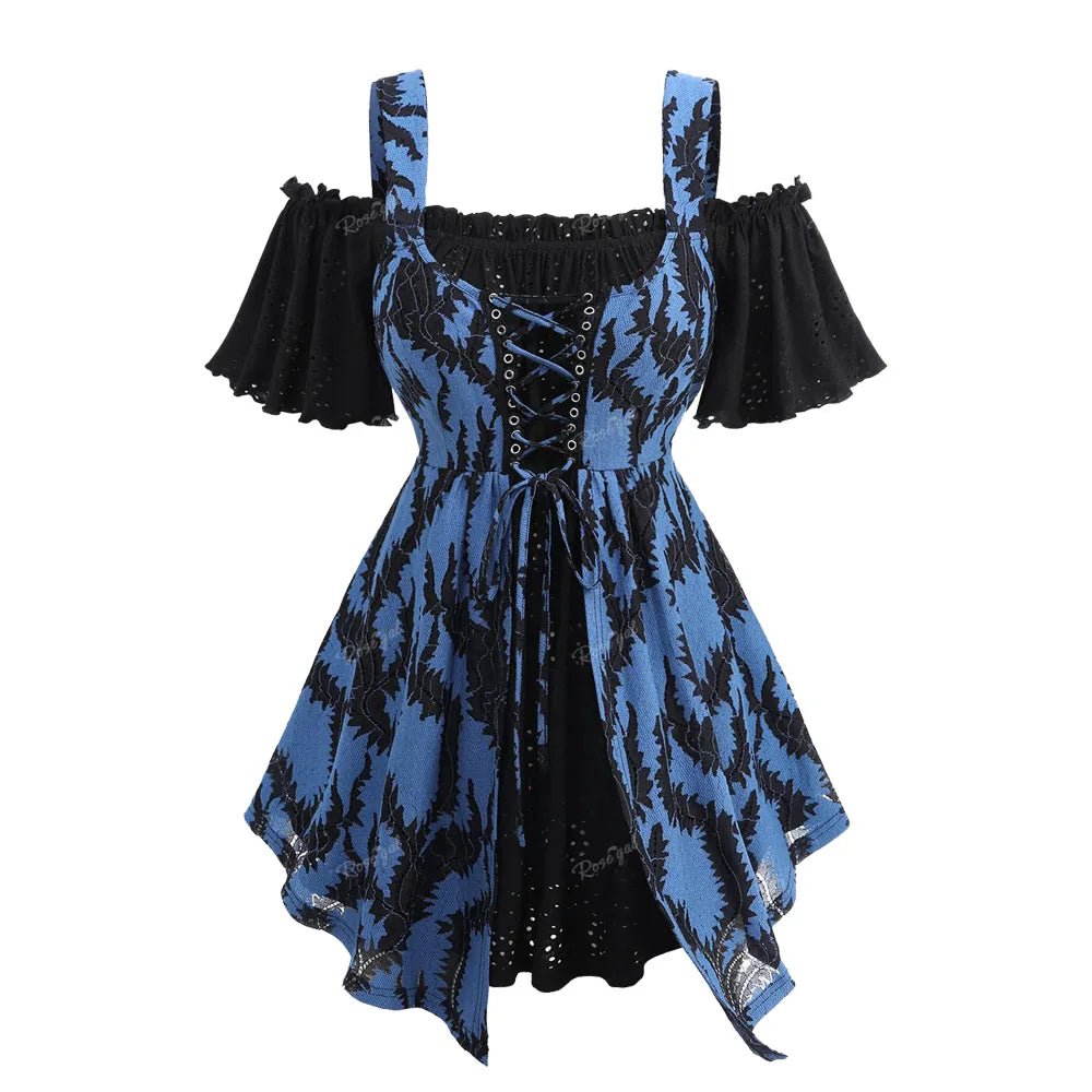 ROSEGAL Plus Size Cold Shoulder T-shirts Women's Patchwork Lace Up Floral Jacquard Laser Cut Layered Top Casual Hollow Out Tees - SS69