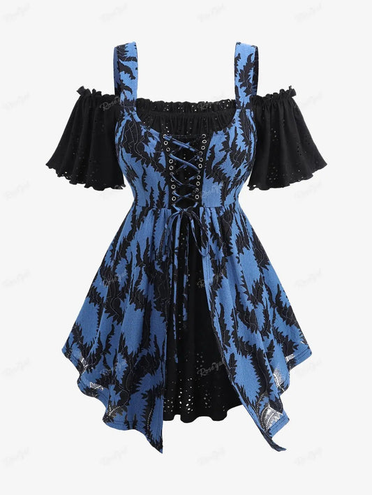 ROSEGAL Plus Size Cold Shoulder T-shirts Women's Patchwork Lace Up Floral Jacquard Laser Cut Layered Top Casual Hollow Out Tees - SS69