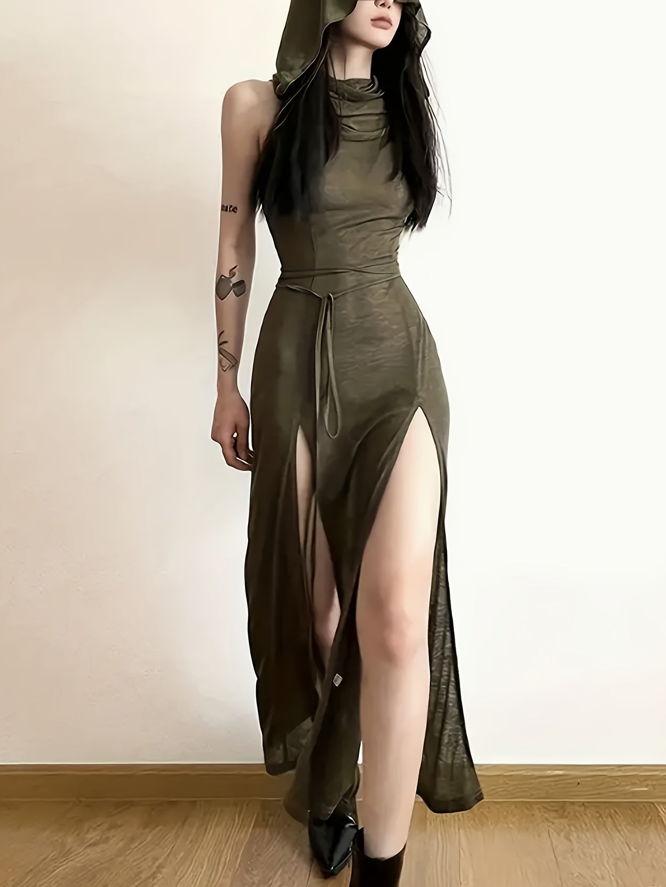 [Sleeveless Summer Dress] Sleeveless Hooded Summer Women's Dress - Solid Color Split Hem Tie Back Hollow Out - SS69