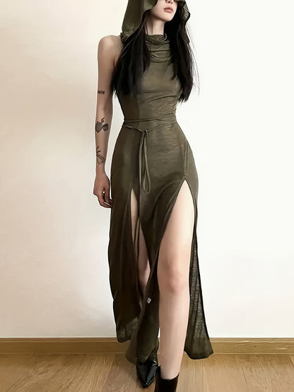[Sleeveless Summer Dress] Sleeveless Hooded Summer Women's Dress - Solid Color Split Hem Tie Back Hollow Out - SS69