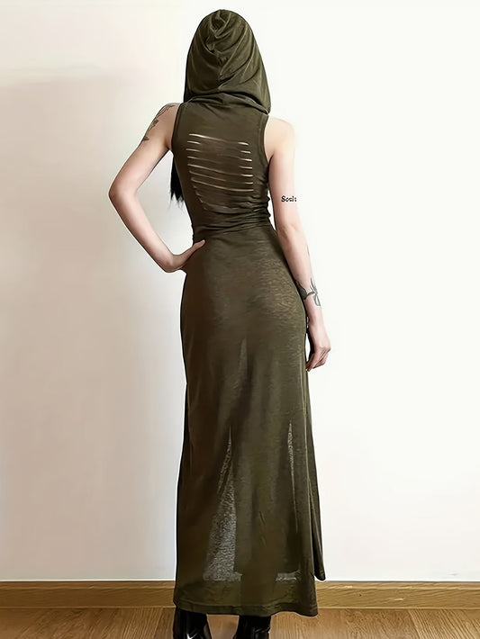 [Sleeveless Summer Dress] Sleeveless Hooded Summer Women's Dress - Solid Color Split Hem Tie Back Hollow Out - SS69