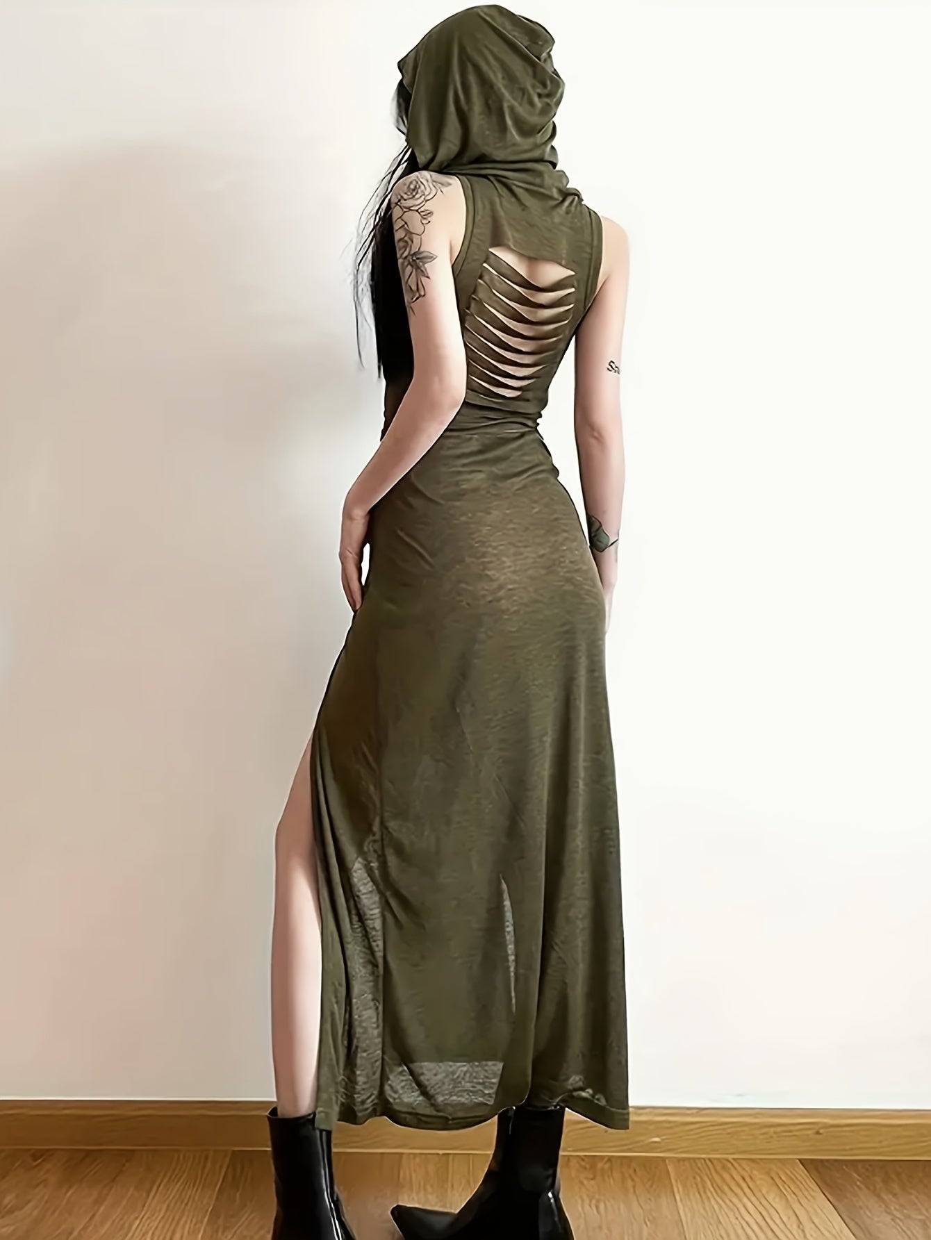 [Sleeveless Summer Dress] Sleeveless Hooded Summer Women's Dress - Solid Color Split Hem Tie Back Hollow Out - SS69