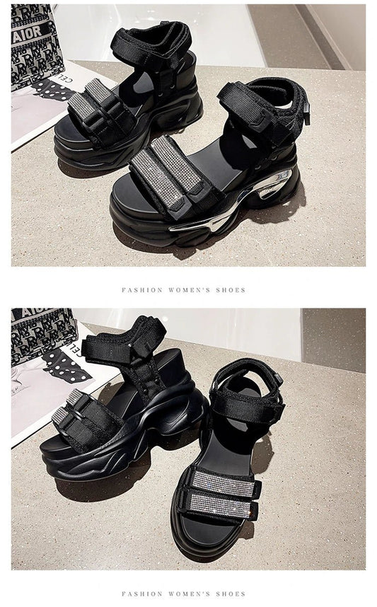 Summer High Platform Women Sandals Buckle 10CM Wedges Bling Shoes Fashion 2023 Outside Chunky Sandals Beach Casual Slides Woman - SS69