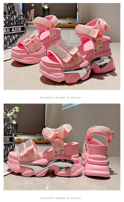 Summer High Platform Women Sandals Buckle 10CM Wedges Bling Shoes Fashion 2023 Outside Chunky Sandals Beach Casual Slides Woman - SS69